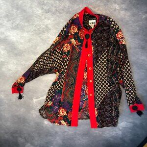NR1 Vintage Choinoiserie Floral Red Black Top Size 14 Festive Buttons